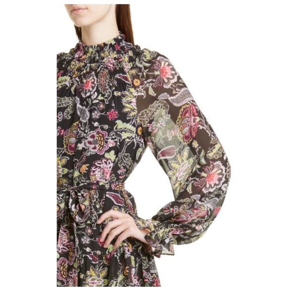 CINQ A SEPT | Black Floral Ruffle Smocked Dress, Size 4, - Picture 4 of 15